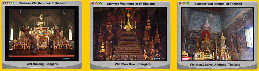 Compare the ambience, painworks and interior decoration of other important Buddhist temple locations in or around Bangkok Shown is interiors of Wat Rakhang or Wat Rakang (left); Emerald Buddha at Wat Phra Kaeo, Grand Royal Palace (center) and Wat Keschaiy