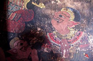 Mural paintings of Buddhist theme at Wat Suthat Buddhist Temple in Bangkok, Thailand