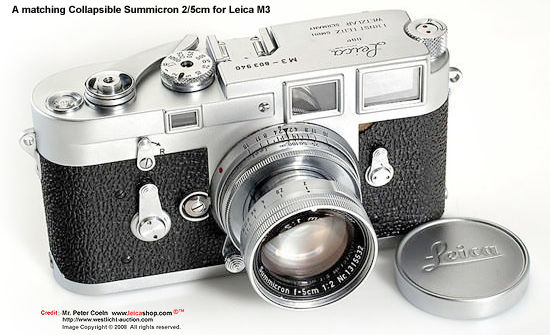 1955 period Leica M3 w matching collapsible Summicron 5cm 12 in feet scale