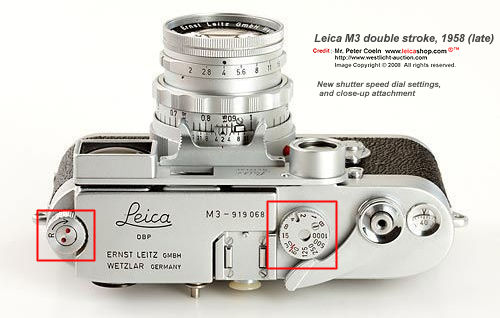 Illustration of top plate features on a late 1958 double stroke Leica M3 rangefinder (RF) camera model
