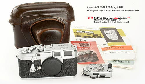 Leica M3 chrome, Double Stroke. With S/N 7355xx. Approx. Year: 1954. It was also an early leica M3 body which has perfect working condition. It came with some accesssories such as cap, Leicameter MR (not working), instructions, ER case; but price has drop