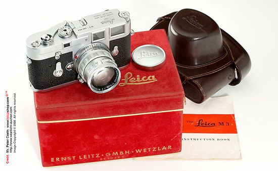 Rear view of a 1959 single stroke M3 body with a rigid Summicron 2/5cm, supplied with original cap, ER case, instructions and maker's box  