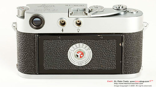 Rear film back section on  an early Leica M3 single stroke rangefinder camera model, 1957