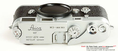 Top plate on an early Leica M3 single stroke rangefinder camera model, 1957
