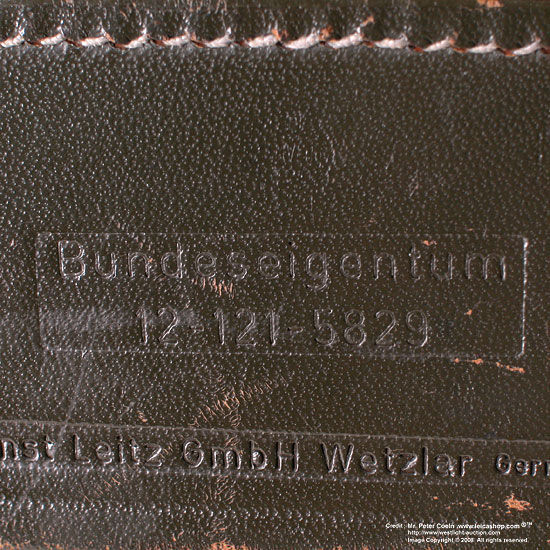 embossed Serial number on the leather of a Leica M3 olive colored Bundeseigentum camera outfit