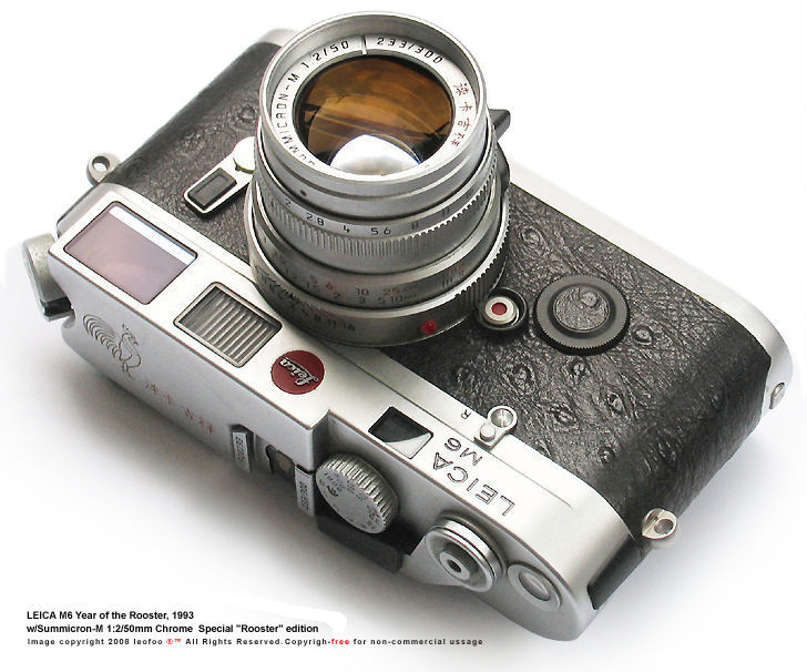 A highly collectible LEICA M6 Year of the Rooster rangefinder camera model, 1993  w/ matching LEICA Summicron-M 50mm f/2.0 Silver Chrome finish, both with matched Serial numbering and special Chinese characters engravings