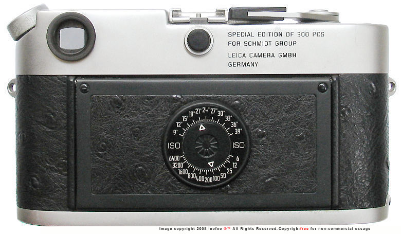 Rear section view of LEICA M6 Year of the Rooster rangefinder camera model, 1993 w/speical engraving of SPECAIL EDITION OF 300 PCS for SCHMIDT GROUP engraving