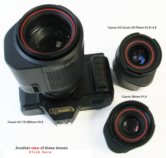 Canon 50mm f/1.8, Canon AC-Zoom 35-70mm f/3.5~4.5 and Canon AC 75-200mm f/4.5 zoom lenses 