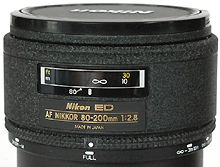 The focusing window and ED lens data plate of AF Nikkor 80-200mm f/2.8s ED telephoto zoom lens