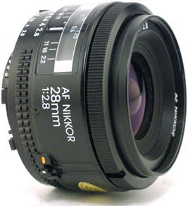 Early version of AF-Nikkor 28mm f/2.8 Ai-S wideangle lens side view