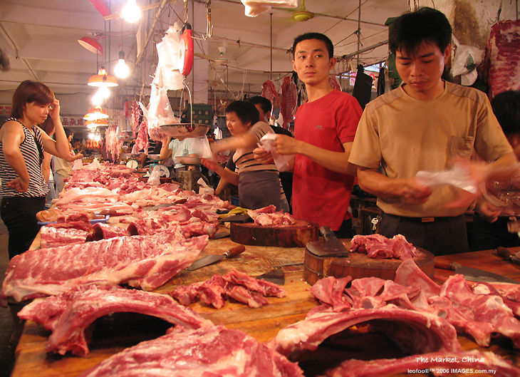 A morning pork market, China