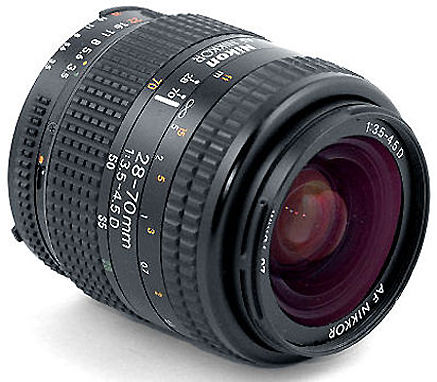 Nikon AF (Autofocus) Zoom Nikkor 28-70mm f/3.5~4.5D wide-tele zoom lens front view