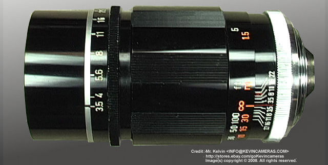 Lens barrel and distance, depth of field scales on Canon 135mm f/3.5) black  rangefinder RF lens