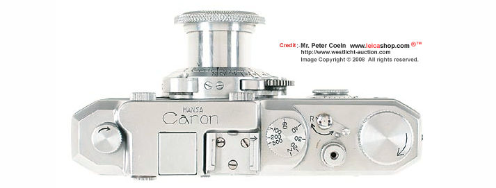 Top section view of control panel of Canon HANSA, 1937 front view with Nippon Kogaku made NIKKOR 1:35 f=5cm standard lens