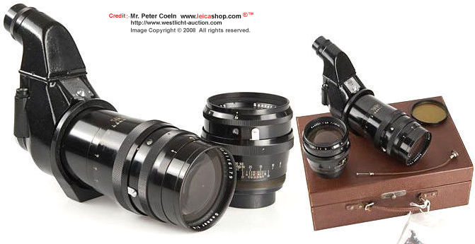 Carl Zeiss Jena Olympia Sonnar outfit; very rare outfit for Contax Jena: Sonnar 4/30cm T no.3116179 black, Sonnar 2.8/18cm T black, Flektoskop (first post-war version), filter, in matching fitted leather case; approx Year: 1947 