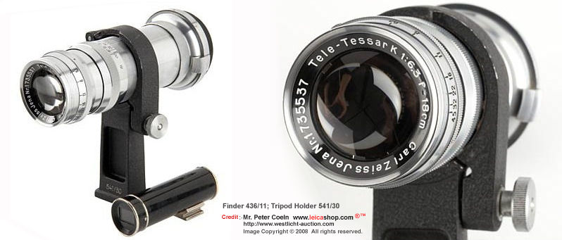 Carl Zeiss Jena Tele-Tessar K 6.3/18cm; early, chrome Tele-Tessar K with clean lenses, 18cm finder 436/11, tripod holder 541/30, rare outfit  Year: 1935 