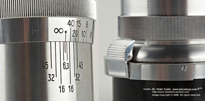 Distance scales and depth of field scales on An old Contax RF mount Carl Zeiss JENA Tele-Tessar 1:6.3 f=18cm (180mm f/6.3) Telephoto lens for Contax, chrome version; approx. 
year of production:- 1936 