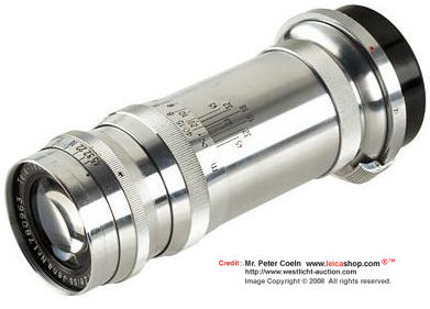 An old Contax RF mount Carl Zeiss JENA Tele-Tessar 1:6.3 f=18cm (180mm f/6.3) Telephoto lens for Contax, chrome version; approx. 
year of production:- 1936 