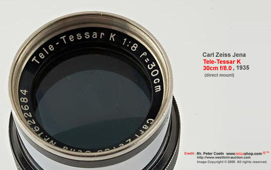 Front lens lemenst and lens data  on an old Carl Zeiss Jena chrome direct mount version of 30cm f/8 telephoto lens, 1935