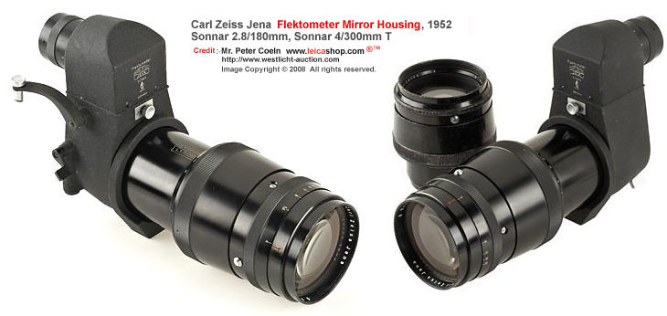 Carl Zeiss Jena Flektometer outfit; very rare Carl Zeiss Jena Flektometer mirror housing, Sonnar 2.8/180mm black, Sonnar 4/300mm T black ; approx. year: c.1952 