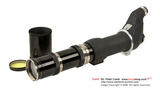 Carl Zeiss Jena Fernobjektiv 50cm 1:8  (8/50cm) super telephoto lens, for Contax, extremely rare tele-lens with Flektoskop-mount in excellent original condition, with Flektoskop W91194, tripod-adapter 543/70, yellow filter, hood, original case. Approx.  