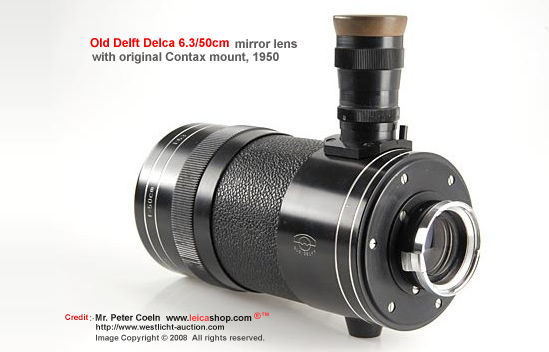 Old Delft Delca 6.3/50cm, prototype mirror lens with original Contax mount in perfect original condition, yellow filter, very clean optics, built-in reflex finder, from the holdings of the Old Delft museum; approx.  year: c.1950 