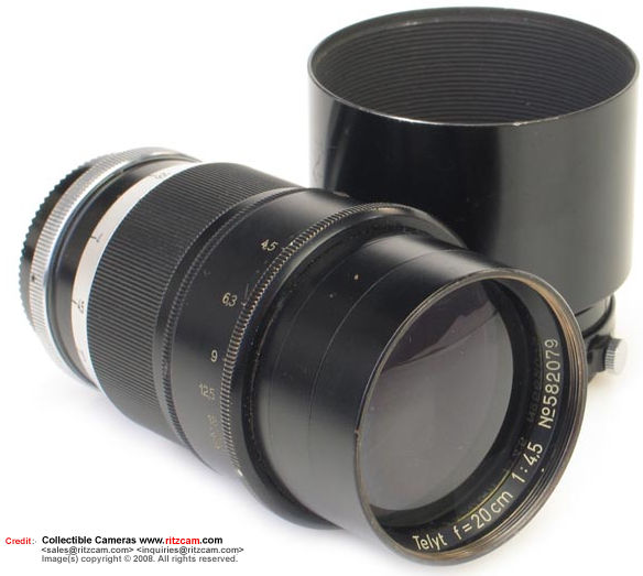 Leica f=20cm 1:4.5 (200mm f/4.5 Telyt telephoto lens (Post War version) for Visoflex (Reflex Housing)
Distance scales marked in metric (metres). with edicated lens hood
