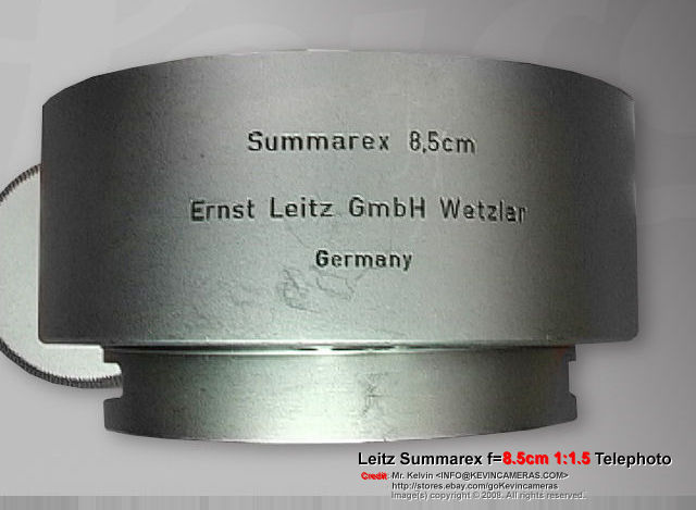 lens data on dedicated metal lens hood on a Leica Ernst Leitz Wetzlar Summarex f=8.5cm 1:1.5 (85mm f/1.5) Telephoto Lens