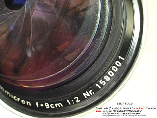 Early (1st model) Leica's E.Leitz  Canada S00ZI / SEOOF Summicron f=9cm 1:2.0 early model S/N 1580001