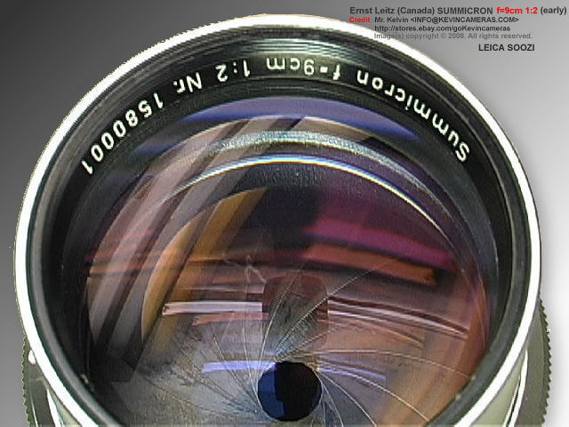 Early (1st model) Leica's E.Leitz  Canada S00ZI / SEOOF Summicron f=9cm 1:2.0 front lens element and reflection