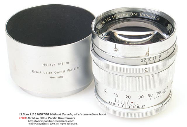 Leica Ernst Leitz Wetzlar Germany  f=12.5cm 1:2.5  (125mm f/2.5) telephoto lens with dedicated lens hood in chrome for Visoflex