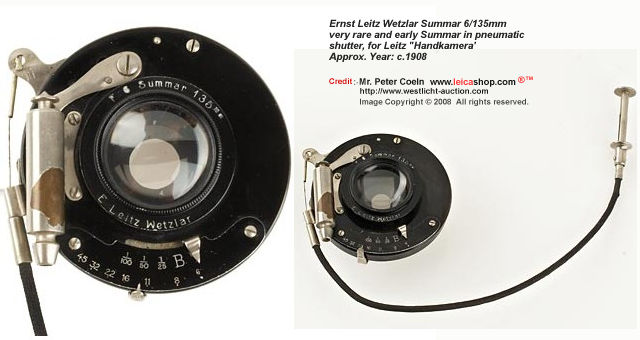 Ernst Leitz Wetzlar Summar 6/135mm (135mm f/6) ; very rare and early Summar in pneumatic shutter, for Leitz 