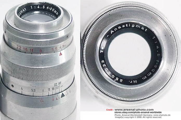 Front section and lens barrel of An old, all chrome version of E.Leitz New York Anastigmat 1:4.5 f=90mm telephoto lens