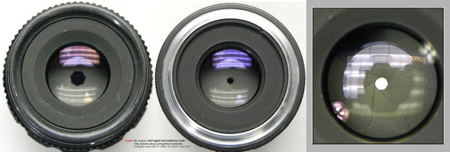 Front and rear view of lens element of a typical Nikon Macro-NIKKOR 1:6.3 f=120mm (Red-lined high magnification Ratio 1.2X~4X) lens