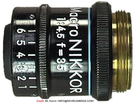A side view of a Nippon Kogaku /Nikon Macro-NIKKOR 1:4.5 f=35mm (blue-lined R-Ratio 8X~20X) lens