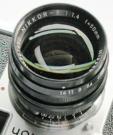 Top view of lens reflective coating on  Nikkor-S 50mm f/1.4 standard lens for Nikon Rangefinder S3 Chrome 2000 / Millennium Limited Edition