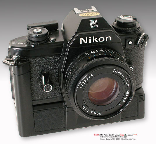 Nikon EM with Nikon Series E standard lens 50mm f/1.8s as well as MD-E Power Winder
