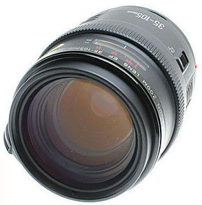 Front view of a Canon EF 35-105mm f/3.5~4.5 AFD zoom lens (original version)