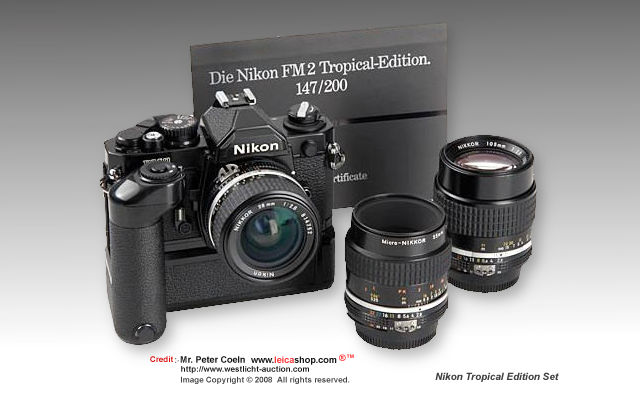 Nikon FM2N black Tropical Edition set with certificate, MD-12, and three lenses