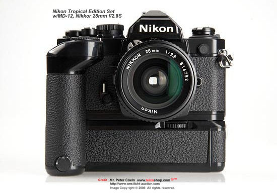 Nikon FM2N black Tropical Edition set  front view with MD-12 and Nikkor 28mm f/2.8