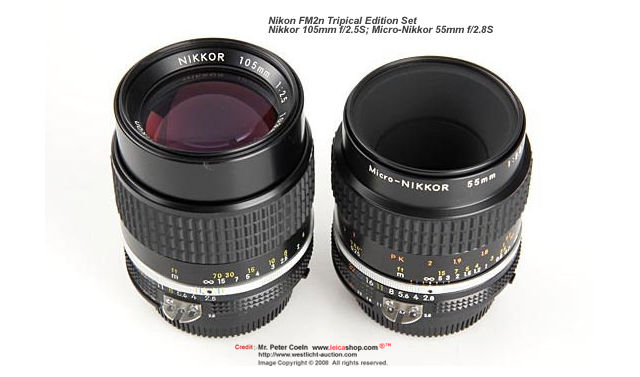 Nikkor Ai 105mm f/2.5 and Ai-s Micro-Nikkor 55mm f/2.8s Nikon FM2N black Tropical Edition set 