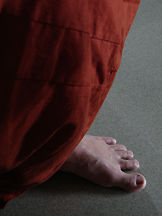 The leg / bare foot of a monk