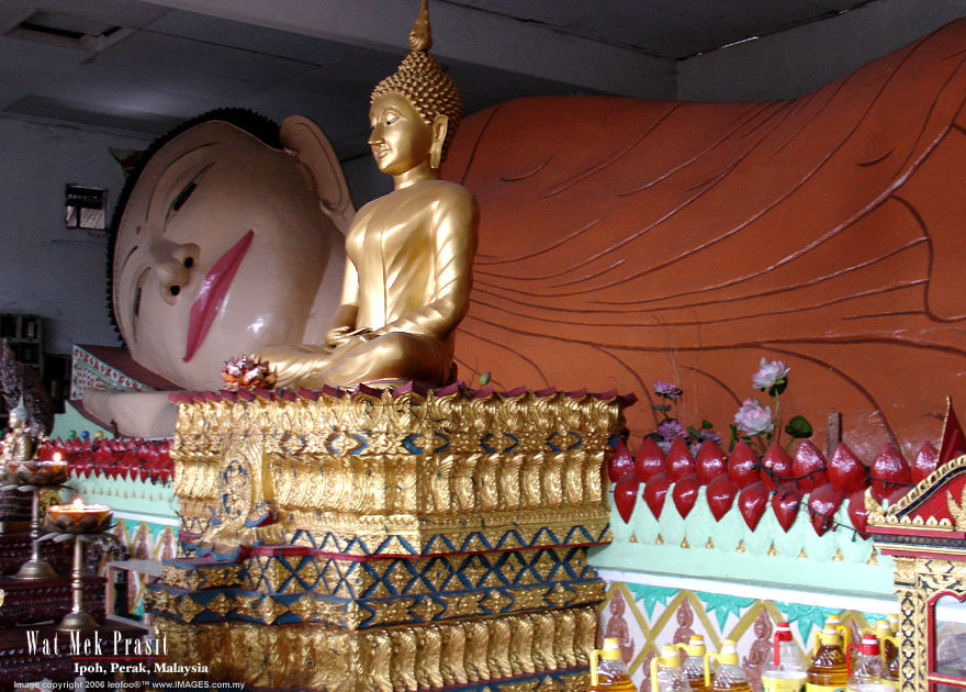 The reclining Buddha Image at Wat MekPrasit, A siamese Thai Buddhist Temple in Ipon City, Perak, Malaysia