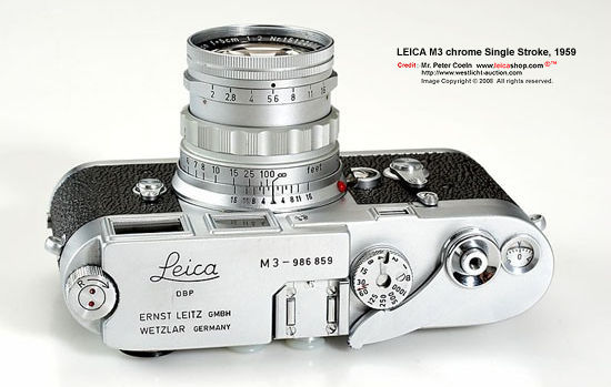 Rear view of a 1959 single stroke M3 body with a rigid Summicron 2/5cm, supplied with original cap, ER case, instructions and maker's box  