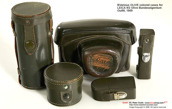 Macthing Olive color lens and camera cases for Leica M3 Olive Bundeseigentum outfit, 1959