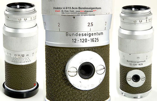 THe rare and collectible Leica M3 Olive green Bundeseigentum  lenses: Hekctor 13.5cm 1:4.5 engraved with Olive Bundeseigentum finishing/outfit