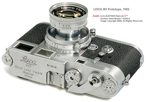 Top view of camera body and lens view of the Leica M3 chrome, Prototype rangefinder camera, 1952 with early serial number seen in an auction conducted by www.Auction-Team-DE