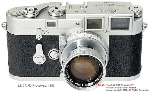 Front section view of the Leica M3 chrome, Prototype rangefinder camera, 1952 with early serial number seen in an auction conducted by www.Auction-Team-DE