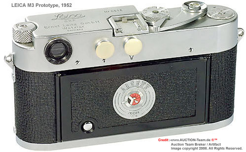 Rear section view  of the Leica M3 chrome, Prototype rangefinder camera, 1952 with early serial number seen in an auction conducted by www.Auction-Team-DE