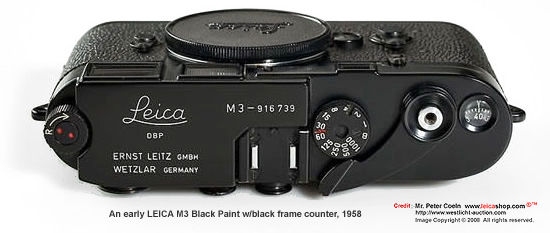 Top plate of an early LEICA M3 Black paint with an unusual black frame counter, 1958